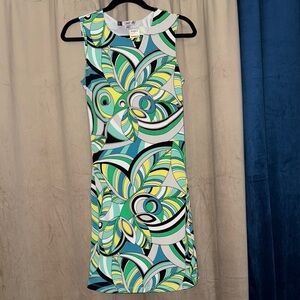 NWT Jennifer Lopez Graphic Blue and Green Midi Dress w/ Cutout Back Sz S